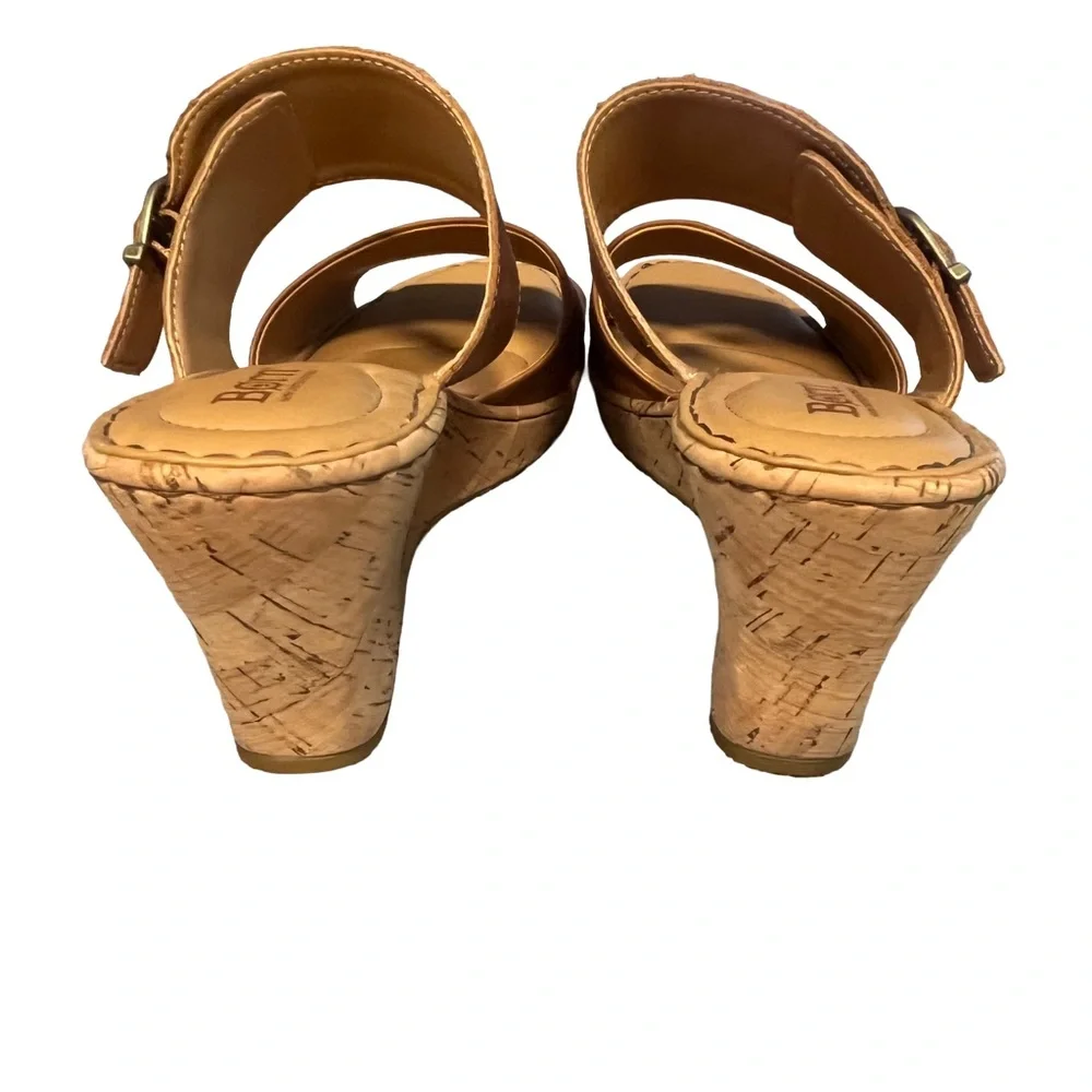 Born Cork High Wedge Sz 11 Tan Brown Leather Sandal Strap Slip On Buckle EUC